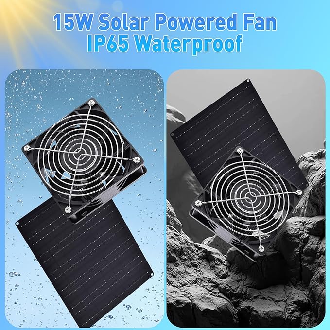 Solar Powered Fan, Solar Panel Fan 15W Solar Ventilation Exhaust Fan Waterproof for Outdoor Shed Chicken Coops Greenhouse Doghouses Pet House for Intake or Exhaust Air Cooling