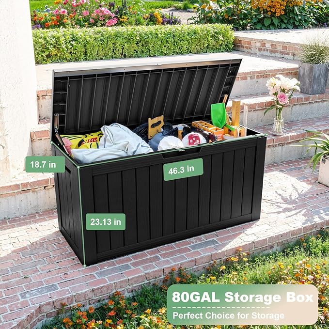 DRATO 80 Gallon Large Deck Box, Outdoor Storage Box for Patio Furniture, Patio Cushions, Gardening Tools, Pool Supplies 480lbs Weight Capacity,Waterproof Resin Storage Boxes