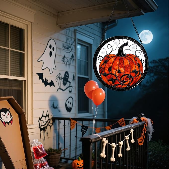 Stained Glass Window Hanging - Halloween Red White Scary Pumpkin Suncatcher for Doors Garden Home Spooky Rattan Sun Catchers Gothic Decor Horror Gifts for Women Men Friend Boy Girl 7.8 in