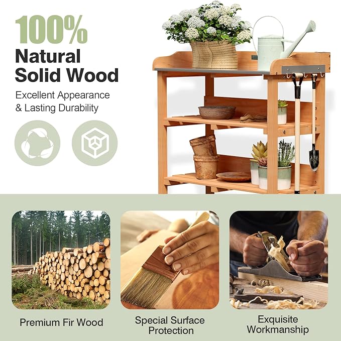 Giantex Garden Potting Bench, Outdoor Wood Workstation Table with Galvanized Steel Tabletop, 5 Hooks, 2-Tier Storage Shelves, Outside Work Station Potting Table with Raised Edge, Easy Assembly