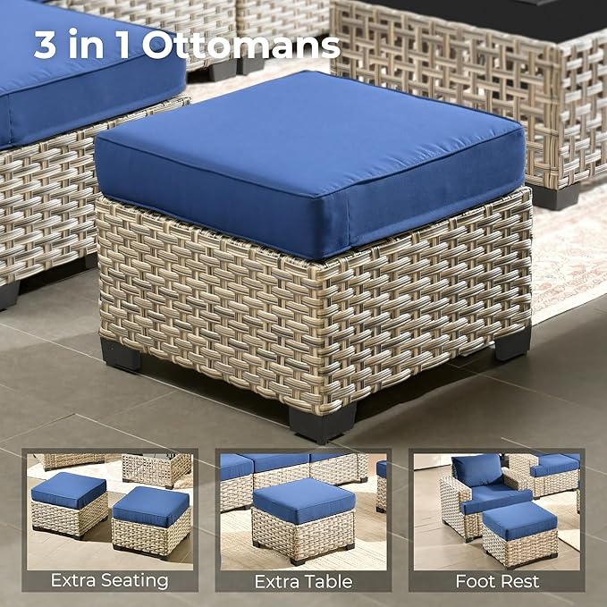 HOOOWOOO Outdoor Sectional Patio Furniture Set,8 Pieces Wicker Conversation Sets,Extra Deep Out Door Sofa Outside Furniture Couch with Swivel Chairs Ottoman,Navy Blue