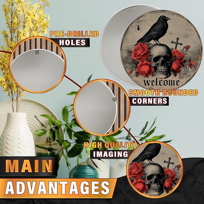 PEACHGARDEN Halloween Skull Crow Metal Tin Sign Vintage Gothic Skeleton Decor Spooky Welcome Door Plaque Retro Wall Art Iron Painting for Home Bar Pub 12x12inch