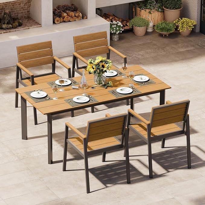 Outdoor Dining Set for 4, Patio Table and Chairs Set with Umbrella Hole, 5 Pieces HDPS Outdoor Furniture Sets for Garden, Backyard (Gray & Teak)