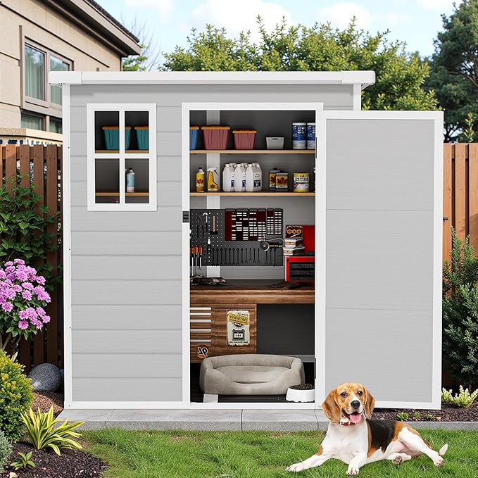 6x6 FT Grey Resin Garden Storage Shed - Waterproof Outdoor Storage with Floor, Lockable Door, Window & Vents - All-Weather PP Plastic Shed for Backyard, Patio, Bikes, Tools & Seasonal Gear