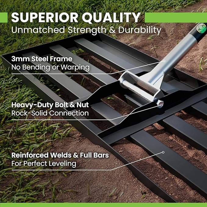 Gardease Lawn Leveling Rake 48" x 10" - Heavy Duty Professional Grade Reinforced Steel Landscape Tool for Soil, Sand & Garden - Superior Strength and Durability