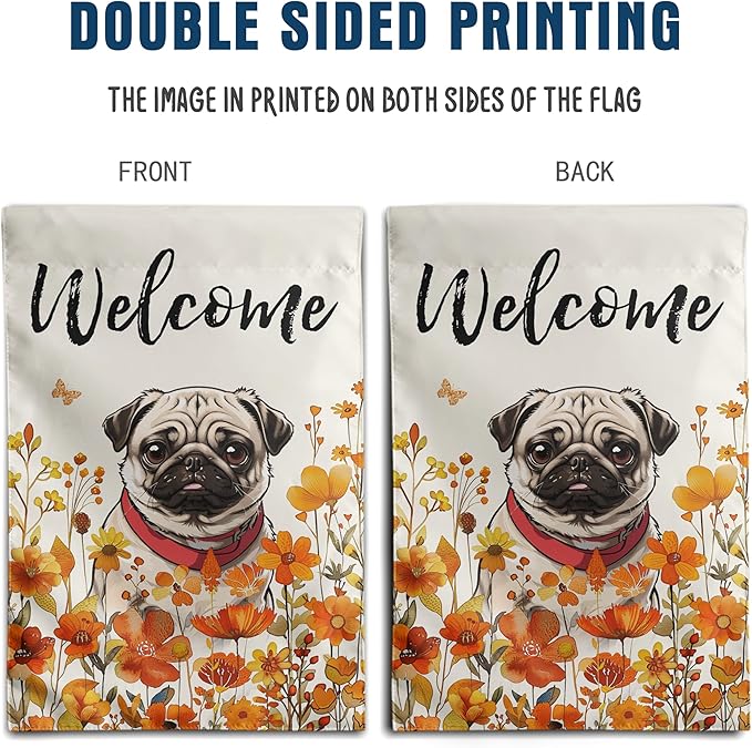Floral Pug Garden Flag Fall Yard Flag Wildflower Dog Garden Flags Orange Autumn Lawn Flags Welcome Thanksgiving Outdoor Flags for Outside 12x18 Double Sided Small