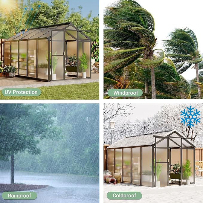 Greenhouse, 6x10 FT Greenhouse for Outdoors, Walk-in Green House with Ground Nails and Vent Windows, Sliding Lockable Door, Polycarbonate Green House for Outside Garden Backyard, Quick Setup, Black