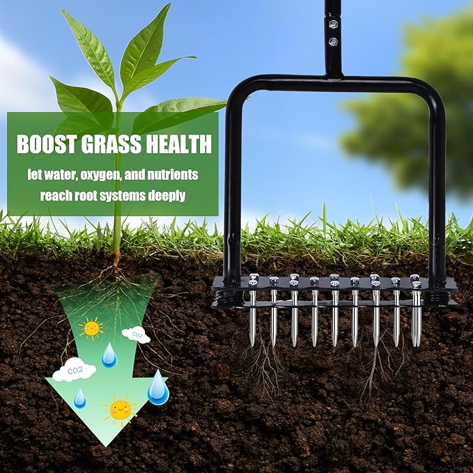 Lawn Aerator Tool, Manual Lawn Aerators with 14 Iron Spikes, Spring-Loaded Design Lawn Air Aerator Tool, Metal Manual Push Aerator, Lawn Tool for Loosening Soil Aerating Patio, Yard