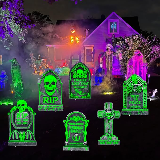 17”×10” Cemetery Halloween Tombstones Decorations, 6 Pack Glow in The Dark Tombstones for Outdoor, Light Up Halloween Gravestones, Scary Yard and Party Decor, Waterproof and Durable