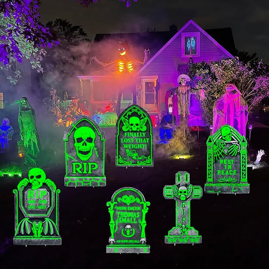 17”×10” Cemetery Halloween Tombstones Decorations, 6 Pack Glow in The Dark Tombstones for Outdoor, Light Up Halloween Gravestones, Scary Yard and Party Decor, Waterproof and Durable