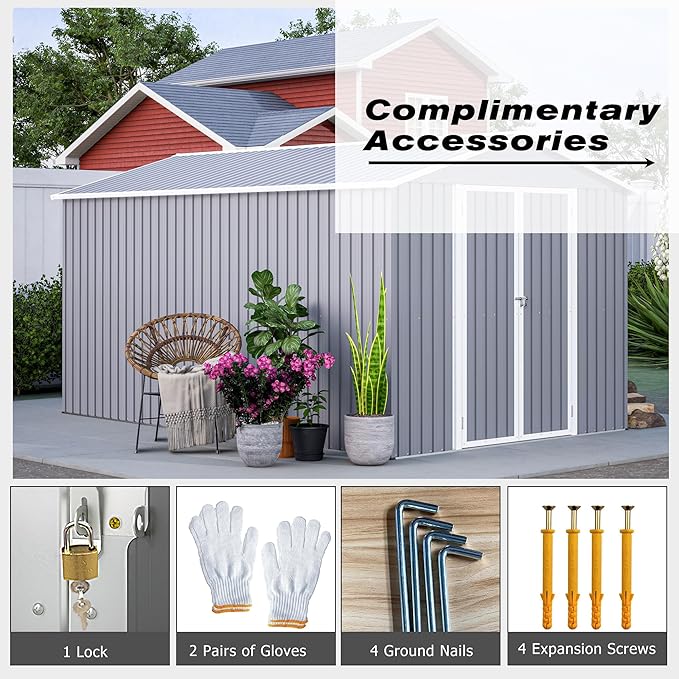 8x12 FT Large Metal Outdoor Storage Shed with Reversible Door Installation, Outdoor Shed w/Aluminium Floor Fram and Lockable Door, Garden Tool Storage Cabinet for Backyard Patio Lawn, Gray