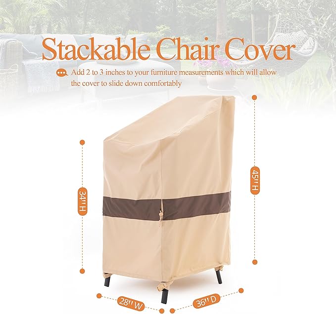 Stackable Patio Chair Cover, Heavy Duty, Wind Resistant and Waterproof Outdoor Lawn Chair Covers, 28W x 36D x 45H, (4-6 Stacked Chairs), Beige/Coffee, 1-Pack