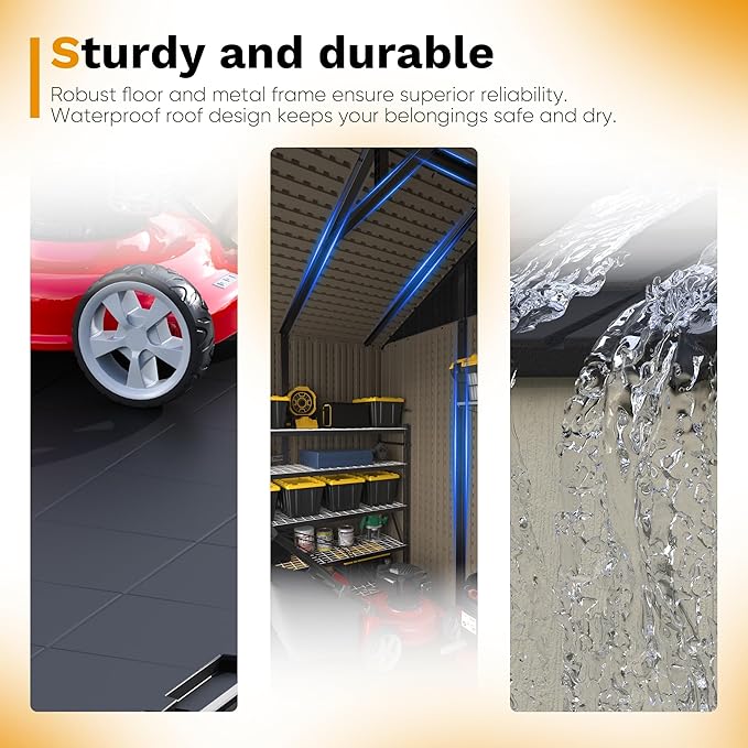 Devoko 8 x 8 FT Plastic Storage Shed with Floor, Outdoor Resin Tool Shed with Lockable Door & Sloping Roof, Patio Kick-it Shed for Garden, Backyard, Lawn, Beige