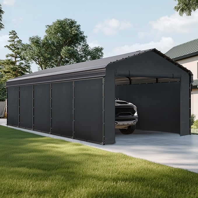 MFSTUDIO Carport 12x25 ft, Outdoor Heavy Duty Carports with Sidewalls, Metal Shed Canopy Shelters Garage Shelter Shade Car Ports with Galvanized Roof for Cars, Truck and Boats ﻿