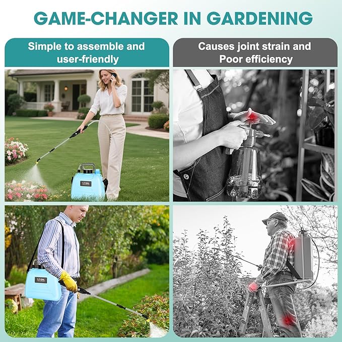 Electric Garden Sprayer 1.72 Gallon - Rechg Battery Powered Backpack Sprayer with 4 Mister Nozzles, Retractable Wand, Shoulder Strap - Weed Sprayer for Spring Time Planting, Sprayers in Lawn & Garden