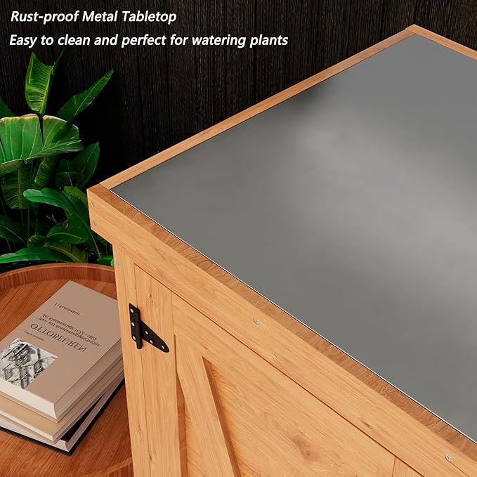 Outdoor Storage Cabinet Garden Potting Bench Table with Metal Tabletop, Solid Wood Planting Work Bench Table for Backyard Patio Lawn, 31×18×36" (Wood)