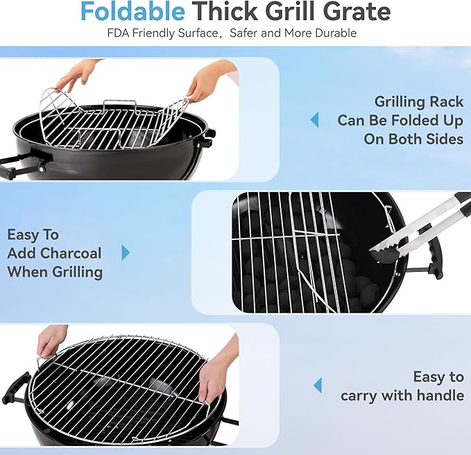 GREEN PARTY 22 inch Kettle Charcoal BBQ Grill with Wheels, Portable Charcoal Grill with Porcelain-Enameled Lid & Ash Catcher for Outdoor Cooking Barbecue Camping Picnics Tailgating, Black