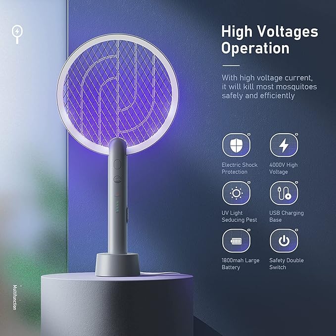 Electric Fly Swatter Racket, Mosiller 2 in 1 Smart Bug Zapper with USB Rechargeable Base, Powerful Mosquitoes Trap Lamp & Fly Killer with 3-Layer Safety Mesh for Home, Bedroom, Kitchen, Patio（1 Pack）