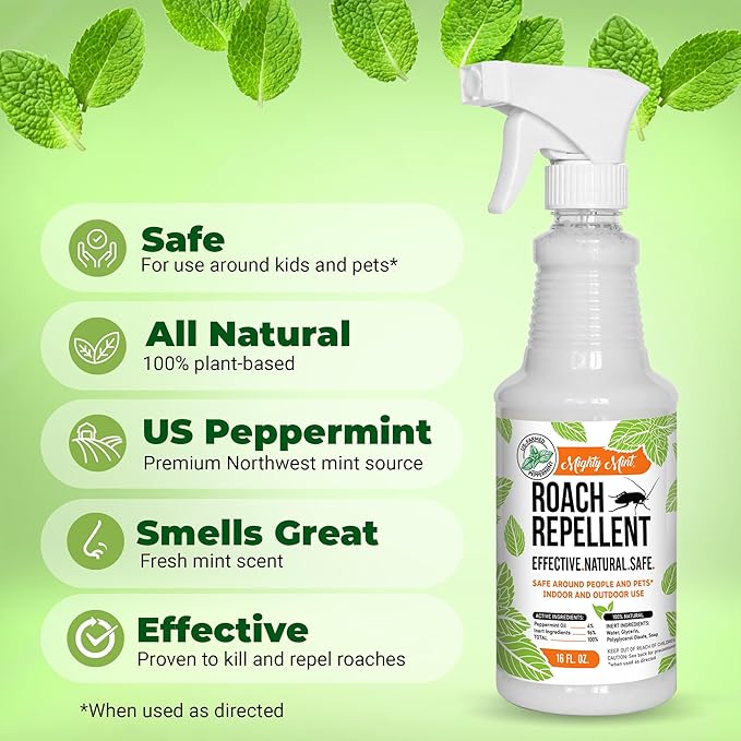Mighty Mint Peppermint Oil Roach Repellent Spray – Natural Cockroach Killer for Indoor & Outdoor Use – Plant-Based Insect & Pest Control – 16 oz (Pack of 2)