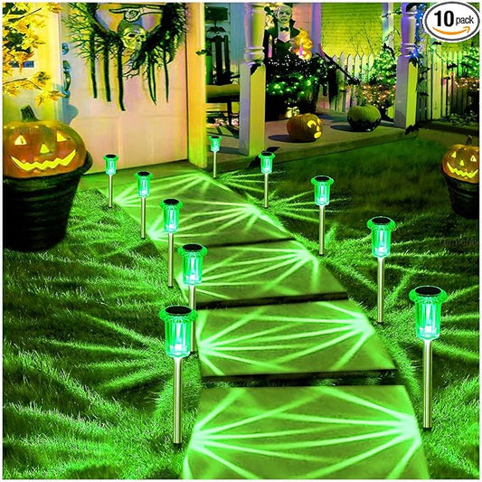DenicMic Halloween Solar Lights Outdoor 10 Pack Green LED Waterproof Yard Garden Patio Backyard Pathway Walkway Landscape Lawn Outside Halloween Decorations Outdoor