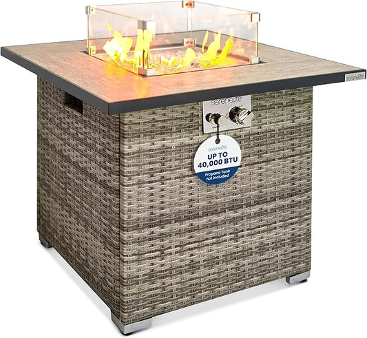 SereneLife Outdoor Propane Fire Pit Table - CSA/ETL Certified Safe 50,000 BTU Pulse Ignition Weatherproof Square Wicker Propane Gas Fire Table w/Tile Tabletop Adjustable Flame - Glass Rocks