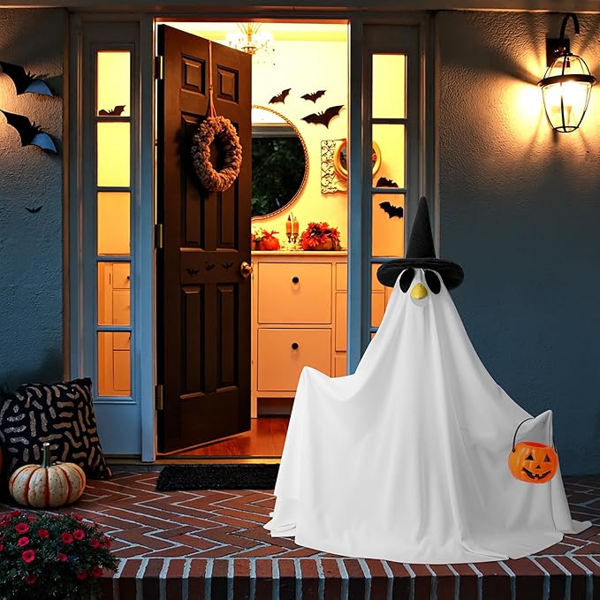 Watayo 2 Pcs/Set Halloween Ghost Porch Goose Outfits, Lawn Goose Statue Ghost Costume, Garden Goose Ghosts Clothes with Pumpkin Bucket for 23" Statue Halloween Fall Outdoor Patio Yard Decoration