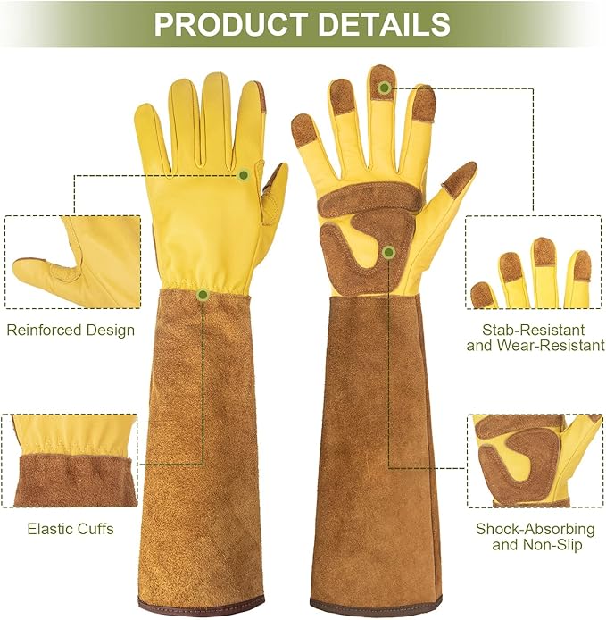 Long Gardening Gloves for Women Thorn Proof,Rose Pruning Cowhide Leather Garden Gloves for Cactus, Rose and Blackberry