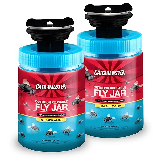 Catchmaster Outdoor Reusable Fly Traps Outdoor with Bait Included – 2 Non-Toxic, Pet Safe Hanging Fly Jars – Bug Catchers for Yard, Patio & Trash – Sets Up in Seconds