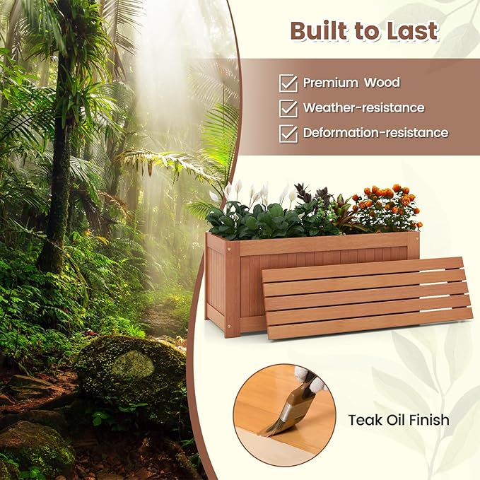 Giantex 2-in-1 Outdoor Bench, Wood Raised Garden Bed with Open Base, Teak Oil Finish, Rectangular Deep Planter Boxes for Flowers Fruit Vegetable, Bench Seat for Porch Yard Balcony Lawn
