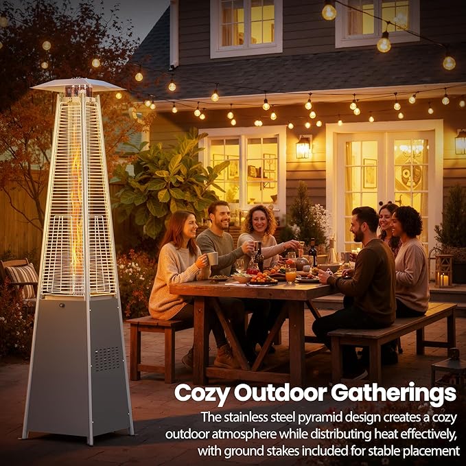 Patio Heater, 48,000 BTU Pyramid Flame Outdoor Propane Heater with Borosilicate Glass Tube, Wheels & Weatherproof Cover, CSA Certified for Backyard, Garden, Porch (Silver Gray)