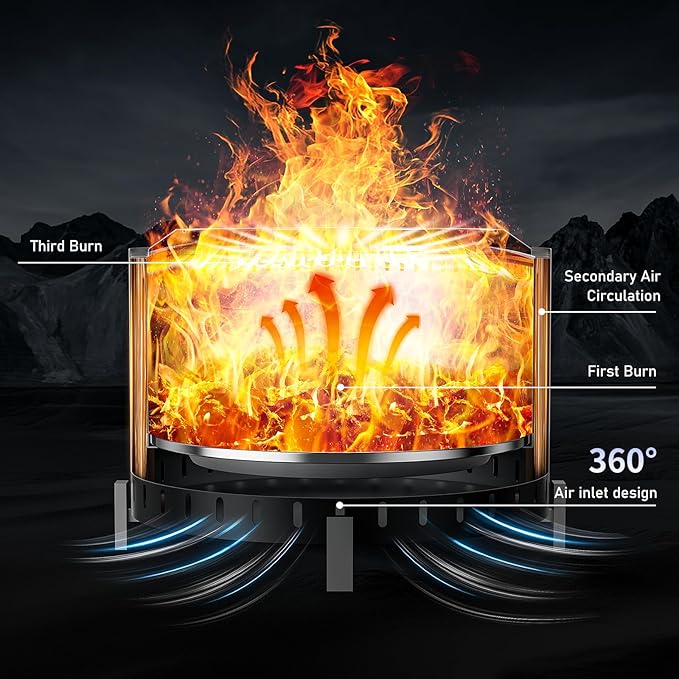 22 inch Stainless Steel Smokeless Fire Pit, Outdoor Smokeless Firepit, Wood Burning Fire Pits for Camping, Bonfire, Low Smoke Firepit for Outside (Vertical Hole)