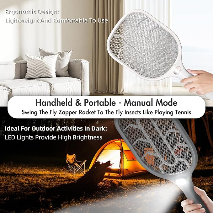 Lulant Electric Fly Swatter Racket,3000V Bug Zapper Racket,1800mA Battery Rechargeable Mosquito Killer, Type-C Rechargeable Base, Three-Layer Protective Safety Mesh for Indoor and Outdoor (2Pack)