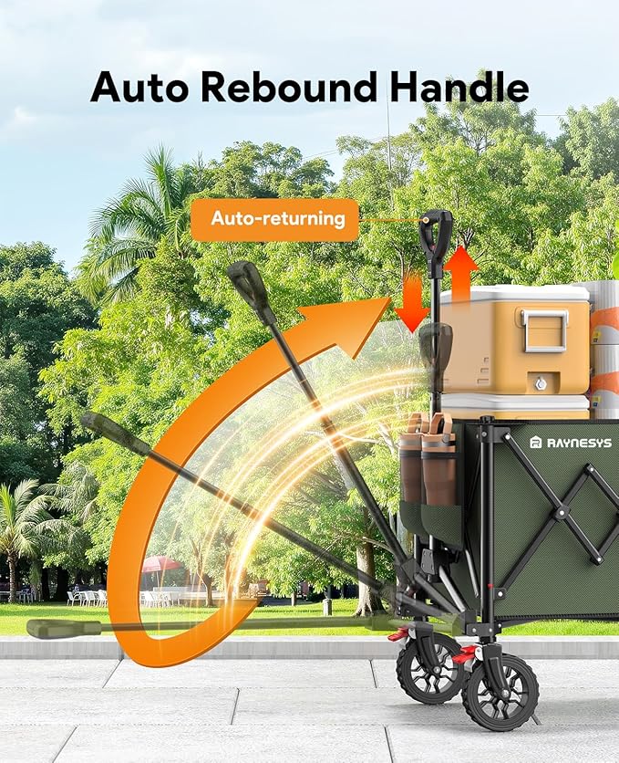 Collapsible Foldable Wagons, 440lbs Weight Capacity Beach Wagon with All-terrain Wheels, Heavy Duty Foldable Wagon, Utility Wagons Carts with Brakes for Camping, Sports, Shopping, Beach, Green & Brown