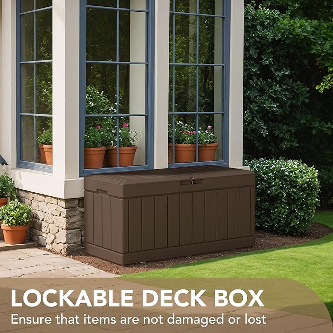 Devoko 85 Gallon Deck Box Lockable Resin Outdoor Storage Box waterproof Outdoor Container for Patio Furniture Cushions, Pillow (Brown)