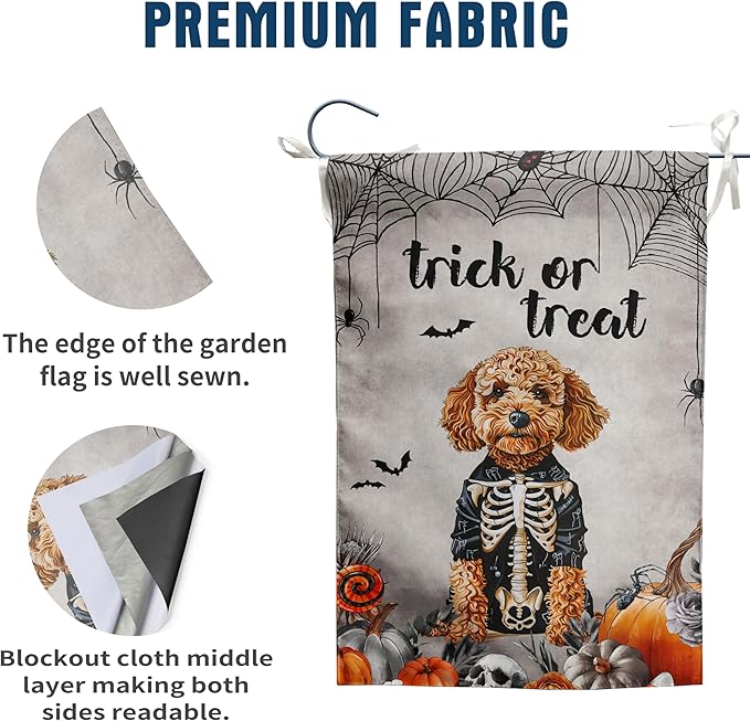 Halloween Golden Doodle Garden Flag Trick or Treat Yard Flag Ghost Dog Garden Flags for Outside 12x18 Double Sided Small Dachshund Skeleton Halloween Decor Outdoor Lawn Welcome Flag