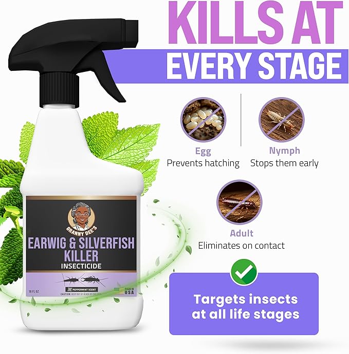 Granny Dee’s Silverfish Killer Indoor & Outdoor (Made in USA) - Kills Pests in 24 Hrs - Plant-Based Bug Killer with Peppermint Oil - Safe for Pets & Kids - Targets Earwigs, Ants, Insect, Fly & Spider