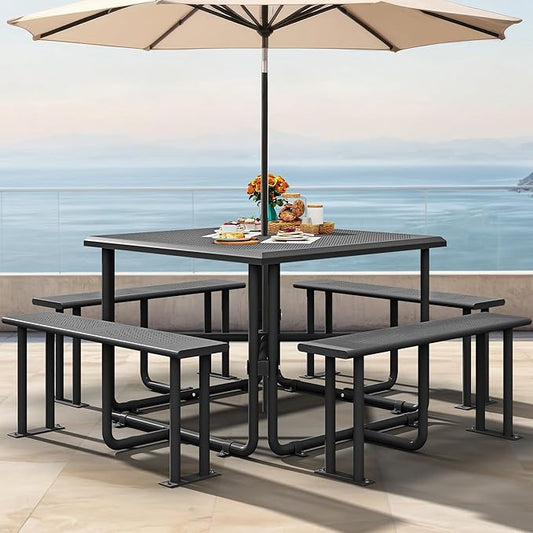 YITAHOME Metal Picnic Table, Powder Coated Outdoor Picnic Table with Heavy-Duty Steel Frame, Adjustable Seats & Umbrella Hole for Yard, Patio, Lawn, Party, Black, Square