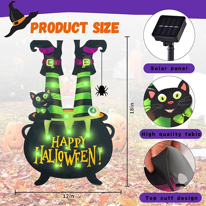 Halloween Lighted Garden Flag for Outside, Witch Feet Shape Flag Yard Decor, 8 Modes Double Sided Cauldron Eyeball Black Cat Outdoor Hlloween Decorations for Home Porch (Green-28x40)