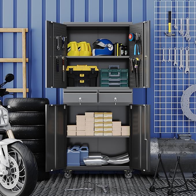 71" H Rolling Tool Storage Cabinet with Pegboard and 2 Drawers,Metal Garage Storage Cabinet with Wheels and Doors for Garage, Warehouse,Home,Required Assembly,Black