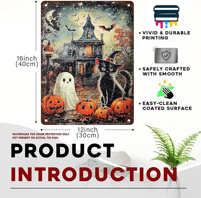 Halloween Black Cat Vintage Sign Funny Ghost Pumpkin Metal Tin Sign Halloween Bat Decor for Home Bar Kitchen Hotel Dining Room Coffee 12x16inch