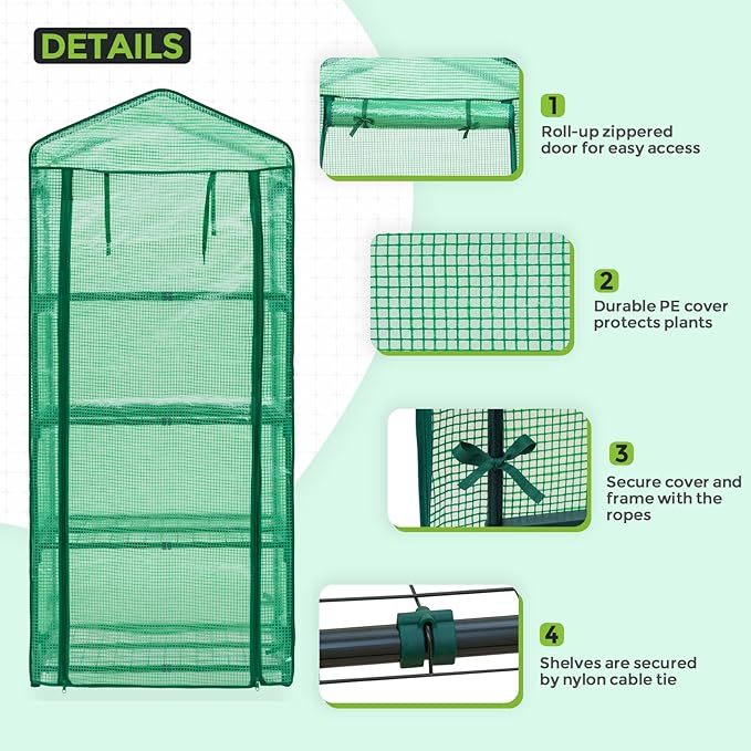 EAGLE PEAK Mini Greenhouse with Wire Shelves, Portable Indoor & Outdoor Green House with Roll-Up Zipper Door, 4 Tier, 27.2"x19.3"x64.2", Clear/Green PE Cover