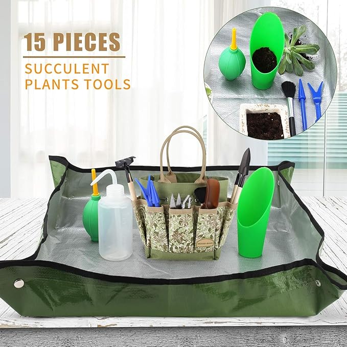 G GOOD GAIN Garden Succulent Kit with Organizer Bag, 14 Pieces Succulent Tools, Indoor Mini Hand Gardening Tools Set with Carrier for Bonsai Planter Miniature Fairy Planting Care(Honeysuckle)