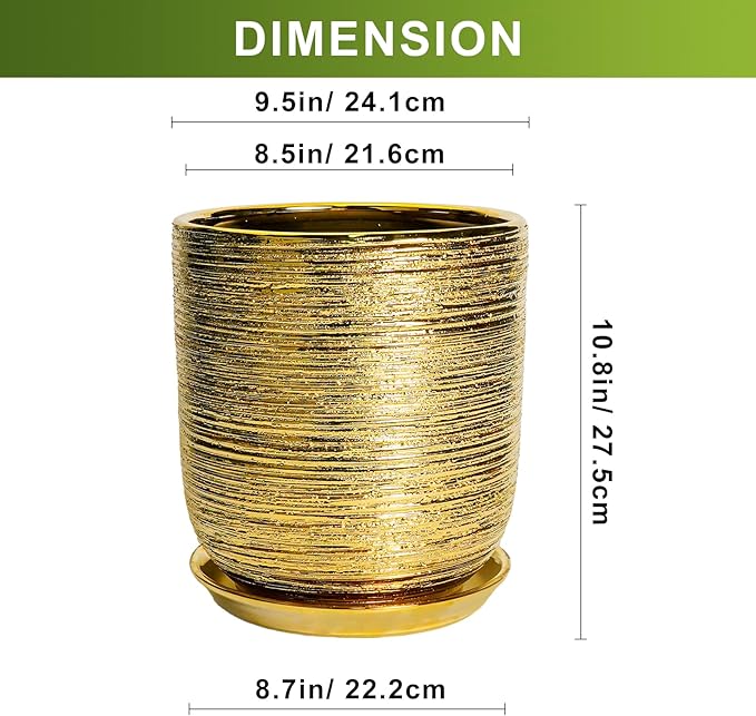 Ceramic Flower Pot for Indoor Plants - 10 Inch Plant Pot with Drainage Hole and Saucer, Decorative Round Outdoor Indoor Planter, Housewarming Gifts, Home Garden Decor, Gold
