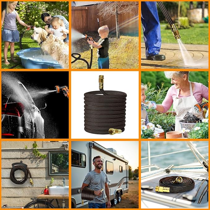 10FT Lightweight Garden Hose,Flexible Water Hose with Solid Brass Head,Kink-Free,Collapsible Hose,High Pressure Flat Water Hose for RV,Boat,Car Wash,Garden,Yard,Camper,Outdoor (OrangeBlack, 10 feet)