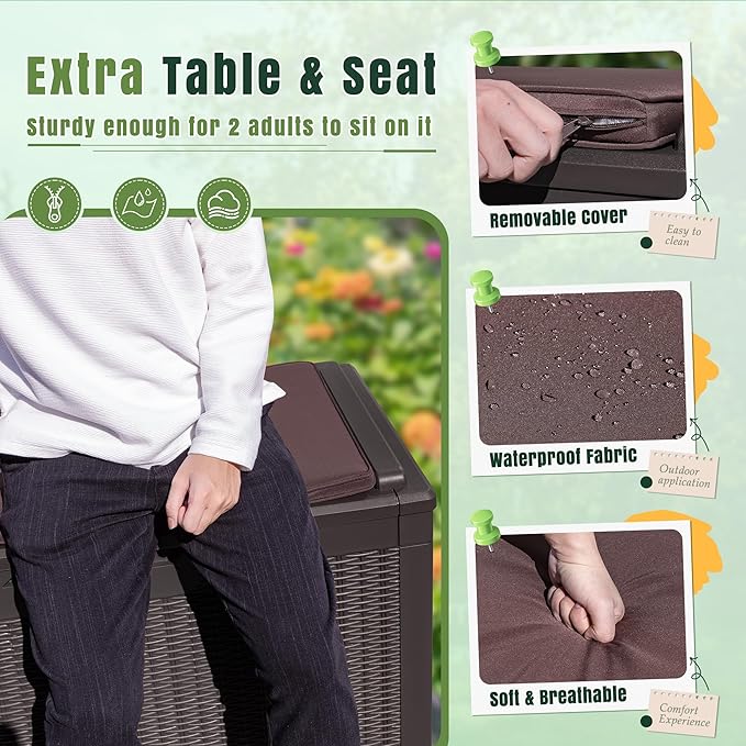 Greesum 100 Gallon Resin Deck Box Large Outdoor Storage with Cushions for Patio Furniture, Garden Tools, Pool Supplies, Weatherproof and UV Resistant, Lockable, Dark Brown