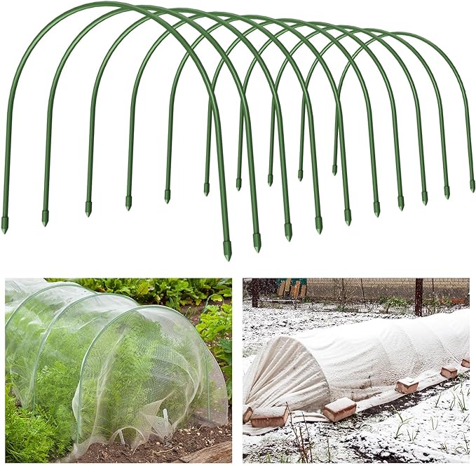 FOTMISHU Garden Hoops, 10PCS Greenhouse Hoops Rust-Free Grow Tunnel, All-in-one 18.9"x19.7" Garden Stakes with Plastic Coated Plant Supports for Raised Beds Row Cover Garden Fabric