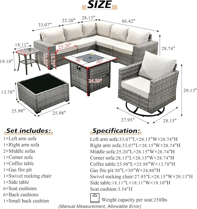 HOOOWOOO 9 Piece Modular Patio Outdoor Sectional Furniture Set with Gas Propane Fire Pit Table,Wicker Conversation Sofa Set with Swivel Chairs,Outside Couch Set(Beige)