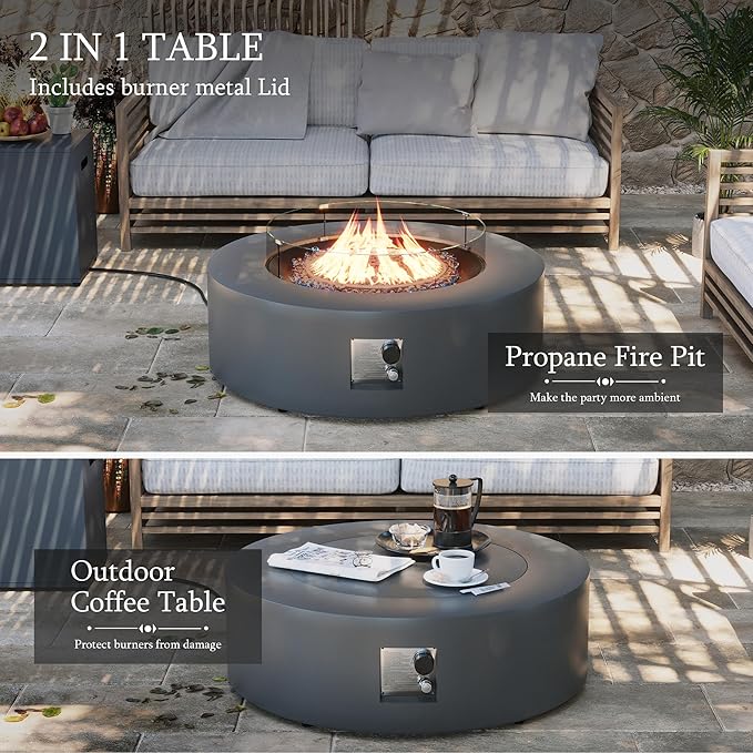 UPHA 42-inch Outdoor Propane Gas Fire Pit Table 50000 BTU Iron Round Firepit for Outside Patio with Tank Hidden Table, Wind Guard, Removable Lid, Blue Glass Rocks, Rain Cover, Dark Grey