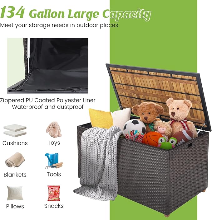 HAPPYGRILL 134 Gallon Rattan Deck Box, Patio Wicker Storage Box with Zippered Liner, Solid Acacia Wood Top & Feet, Effort-Saving Pneumatic Rod, Outdoor Storage Container for Porch Backyard