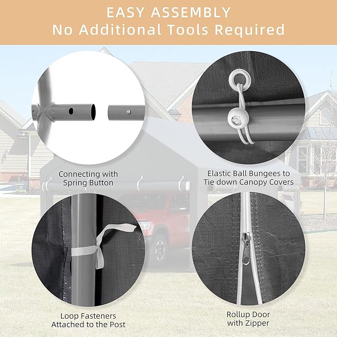 JY QAQA Carport, 12x20 FT Heavy Duty Carport with Removable Side Walls and Doors, Portable Garage with Roll-Up Window and Sandbags, Car Canopy with All-Season Tarp for Cars, Trucks, Boats, Grey